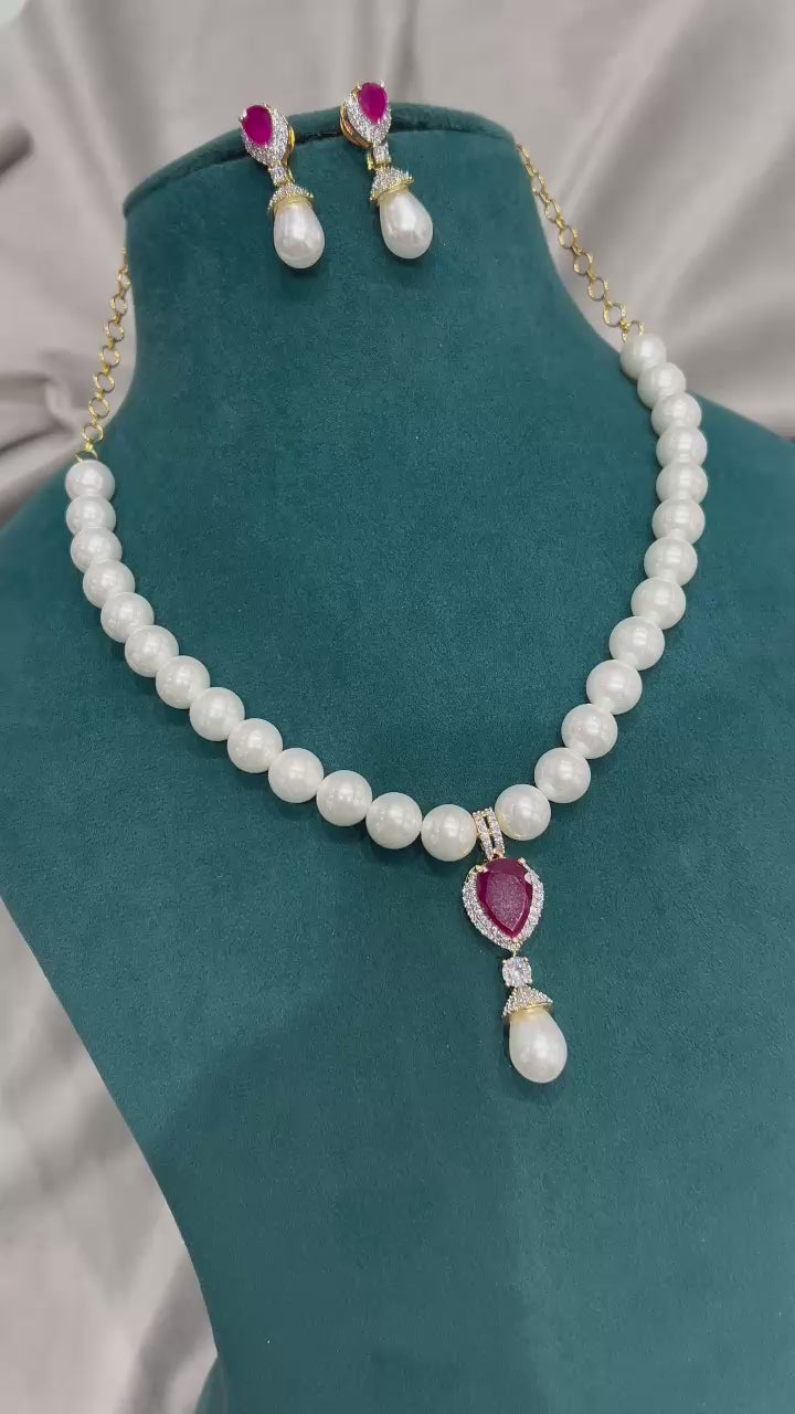 Classic Pearl Necklace Set with Ruby Pendant – Gold Finish